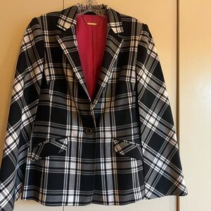 Trina Turk Black and White Plaid Cape Blazer with Pink Lining